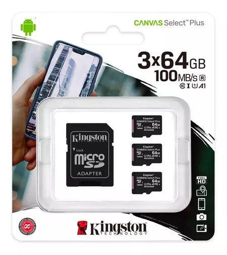 Pack 3 Memorias microSD Kingston Canvas Select Plus 64GB UHS-I 100MB/s A1 Clase 10 con Adaptador SD (ca)
