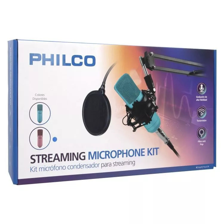 Kit Micrófono de Estudio Philco Rosado – Soporte + Pop Filter + USB Sound Card (rp)