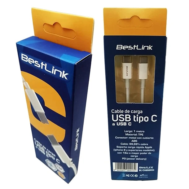 CABLE DE CARGA R¡PIDA PD DE USB C A USB C DE 3AMP. COLOR BLANCO . 1 MT BLCH600PD3