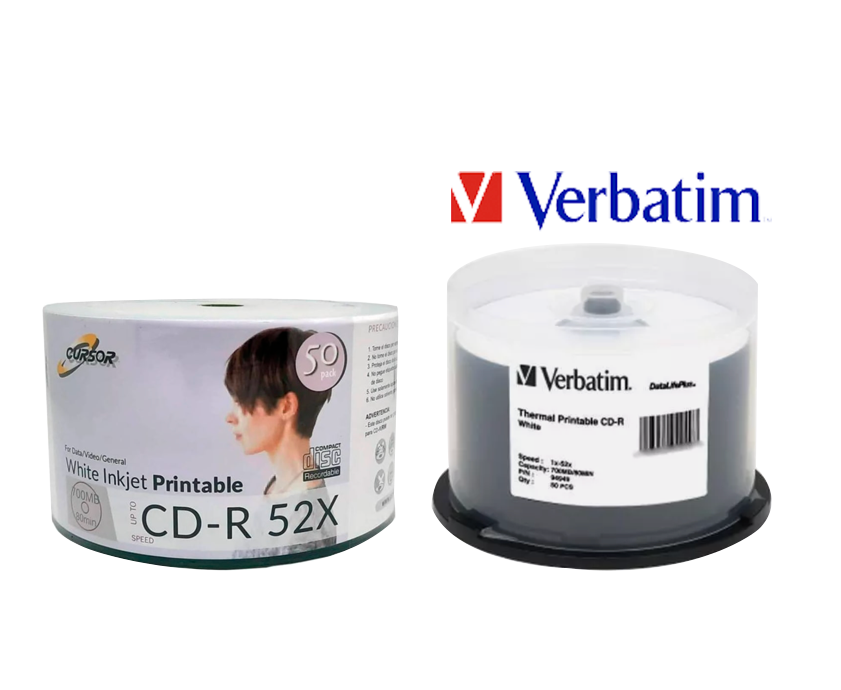 DVD-R VERBATIM IMPRIMIBLES 4.7 GB PACK 50 UNID + CD-R 700 MB IMPRIMIBLES MARCA CURSOR PACK 50 UNIDADES