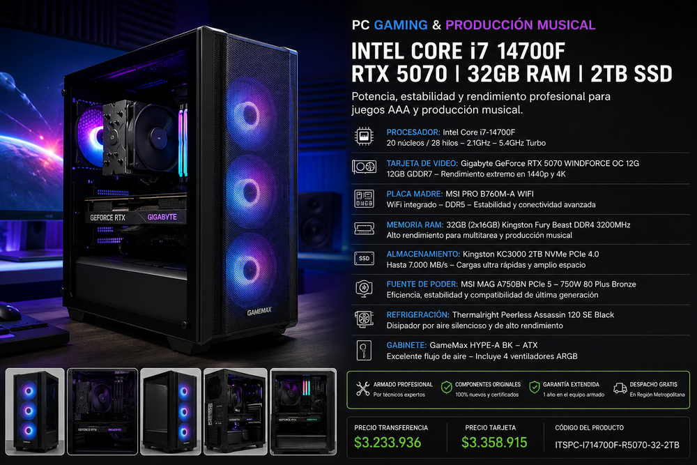 PC Gamer & Producción Musical Intel Core i7-14700F | RTX 5070 12GB | 32GB RAM | SSD NVMe 2TB | WiFi