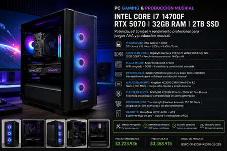 PC Gamer & Producción Musical Intel Core i7-14700F | RTX 5070 12GB | 32GB RAM | SSD NVMe 2TB | WiFi