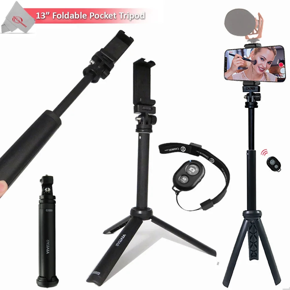 13" pocket tripod with cold shoe phone cradle and Bluetooth (INGRM)