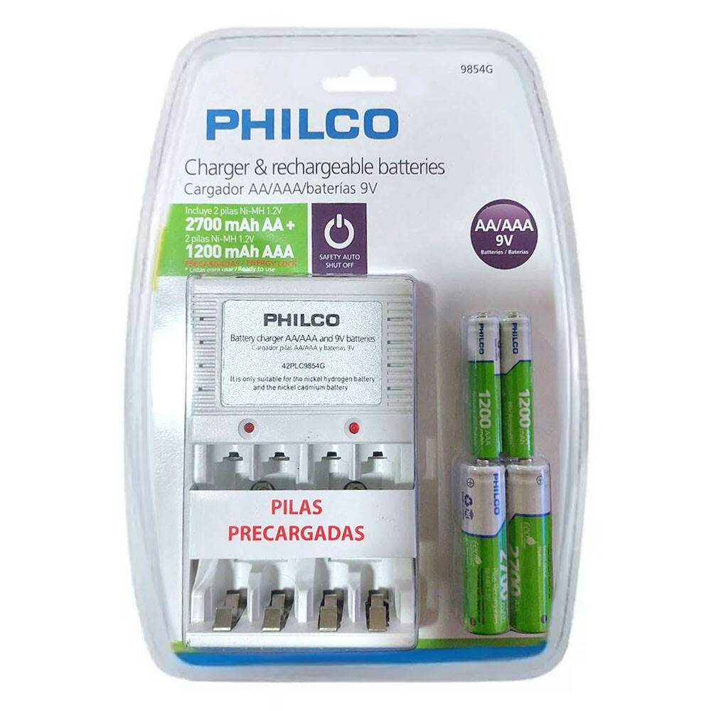 CARGADOR C/2 PILAS AA 2700 MAH + 2 AAA 1200 MAH PRE-CARGADAS PHILCO (F)
