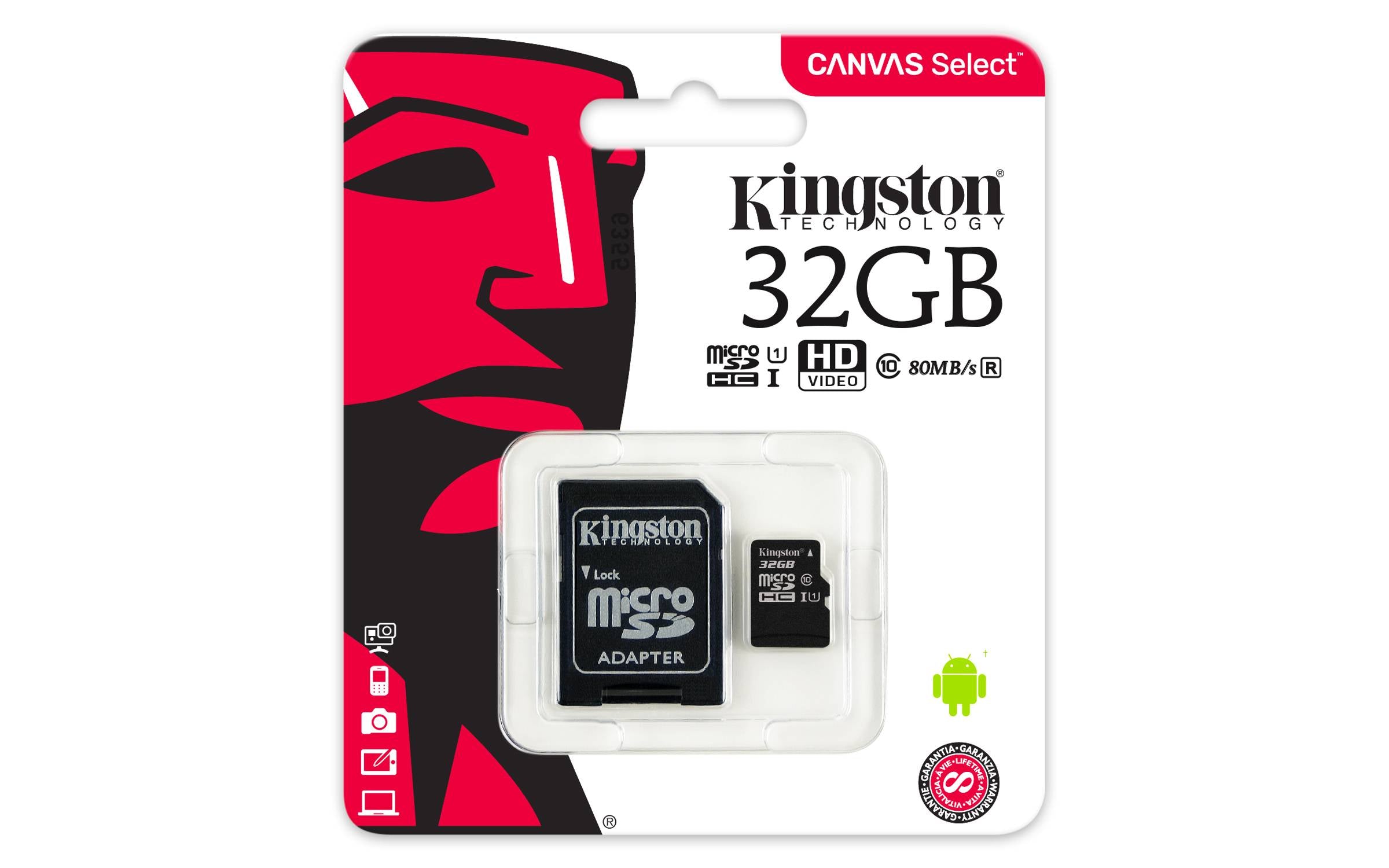 Memoria MicroSDHC 32GB Canvas Select Kingston, Lectura 80MB/s, Escritura 10MB/s + Adaptador SD