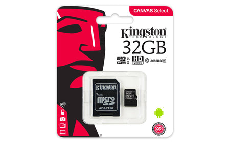 Memoria MicroSDHC 32GB Canvas Select Kingston, Lectura 80MB/s, Escritura 10MB/s + Adaptador SD
